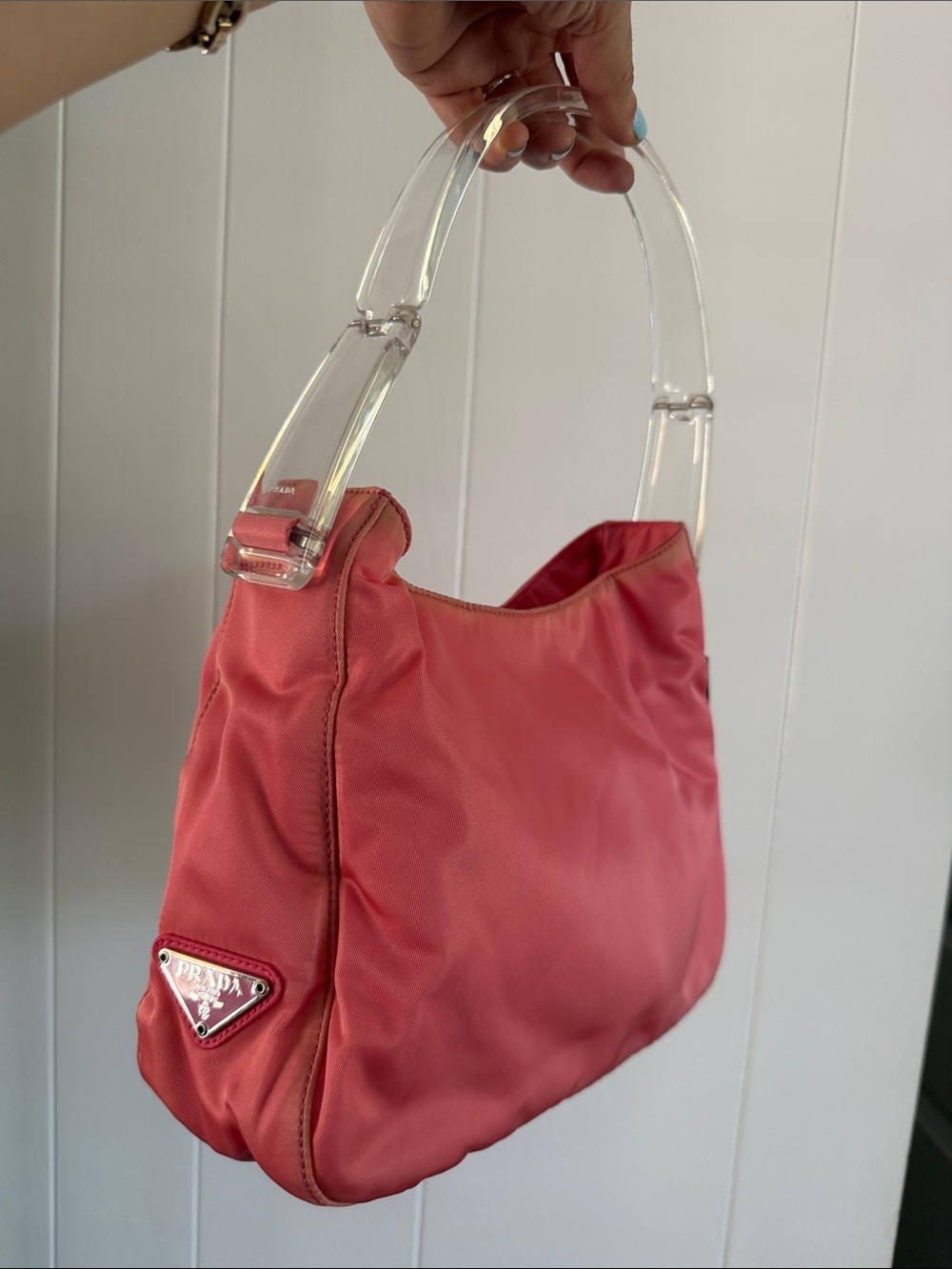 Prada Coral Pink Nylon Shoulder Bag with Clear Acrylic Handle